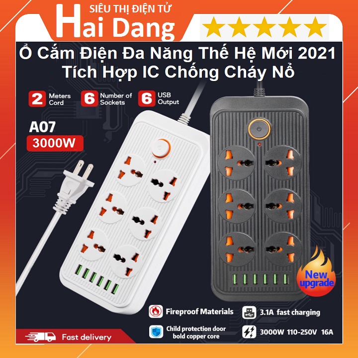 Ổ Điện 6 Cổng USB, Đa Năng Thông Minh Sạc Nhanh QC3.0, 6 Ổ Điện A07 Chịu Tải 2500W - Chống Cháy Nổ