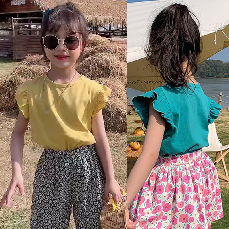 Áo Thun Cotton Cổ Tròn Tay Cánh Tiên Thời Trang Mùa Hè Cho Bé Gái