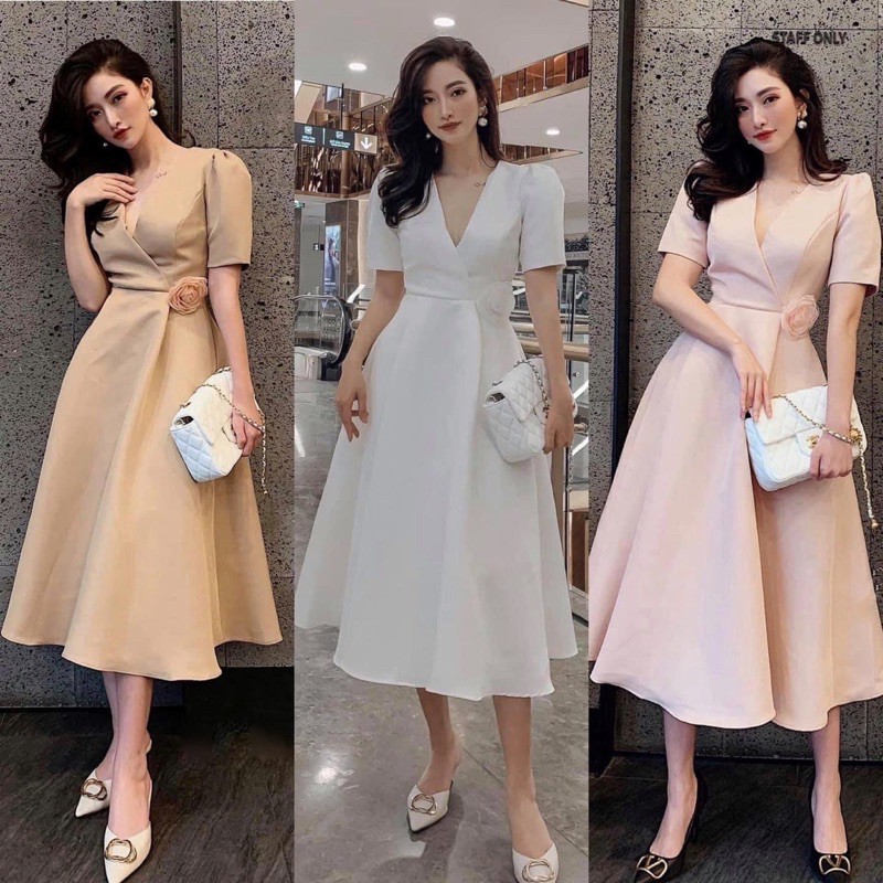 [Mã WASTUP9 giảm 10% tối đa 30K đơn 150K] Đầm dự tiệc tay bồng cổ V cài hoa | BigBuy360 - bigbuy360.vn