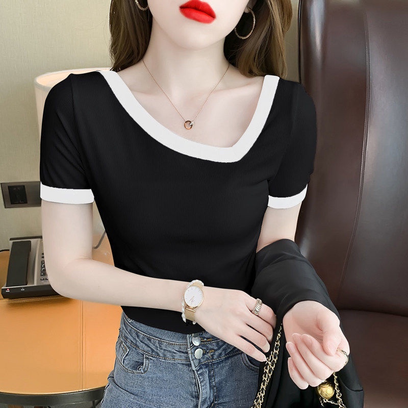 Áo Thun Tay Ngắn Dáng Ôm Màu Sắc Tương Phản Dễ Phối Đồ Phong Cách Phương Tây Thời Trang Cho Nữ