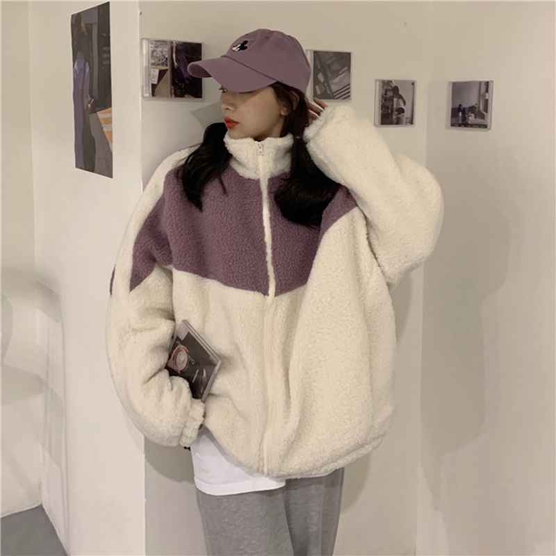 Áo khoác giả lông cừu dáng rộng phối khóa kéo màu tương phản phong cách Hàn Quốc cho nữ