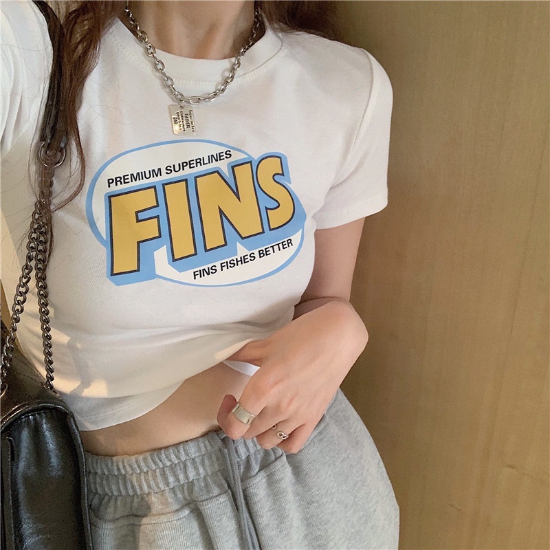 WANG JIAO ZHAN Áo croptop in chữ phong cách Hàn Quốc cho nữ