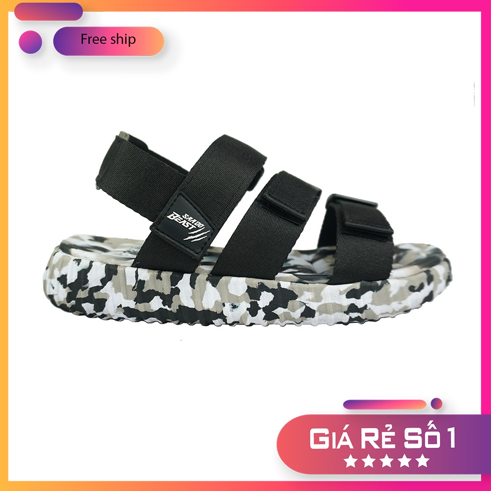 Sandal Saado chính hãng 3 quai BEAST BE05 màu đen Inky Camo đế yezi, Dép quai hậu đế cao rằn ri, quai thắt