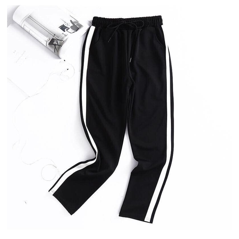 Quần jogger nữ dài màu đen vải umi Quần thể thao sọc Co giãn 4 Chiều Đai chun ống bó vừa mặc đi học tập gym