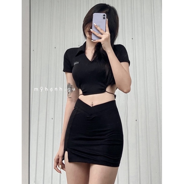 Áo Croptop Nữ Ôm Body Ngắn Tay YUMI BÁN SỈ áo Polo Khoét Eo Rút Dây