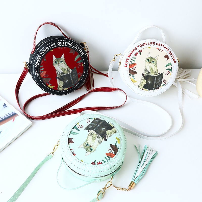 [DIY tự làm] Túi dệt kim tay, túi chất liệu DIY, quà tặng tự làm màu đỏ ròng, túi đeo vai hình mèo con in hình mèo con cho bạn gái