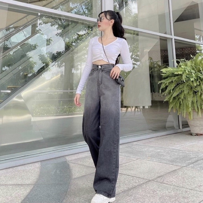 Quần bò ống rộng loang khói trơn và rách - Quần jeans ống rộng loang trơn và rách