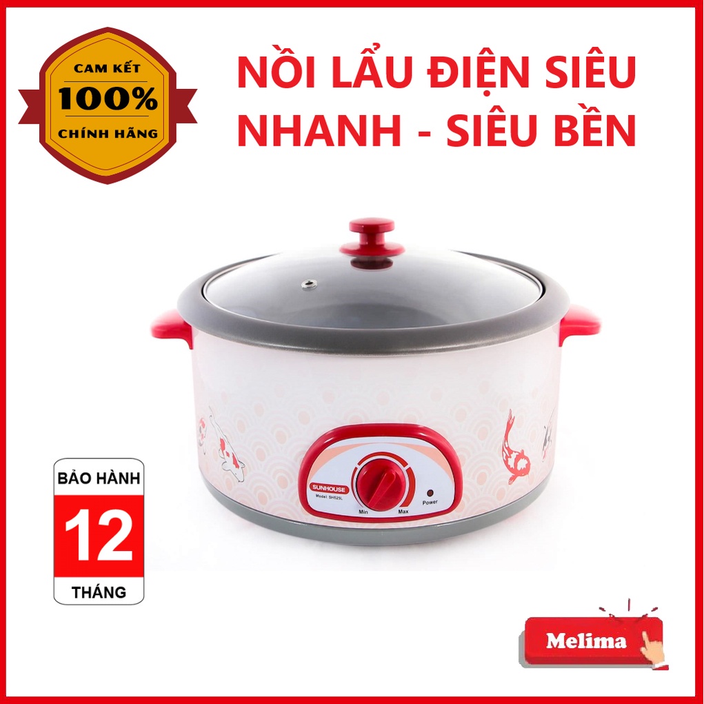 Nồi lẩu điện, Nồi lẩu Mini Sunhouse SH525L, chính hãng, nấu siêu nhanh, an toàn khi sử dụng, tay cầm chống nóng, Melima