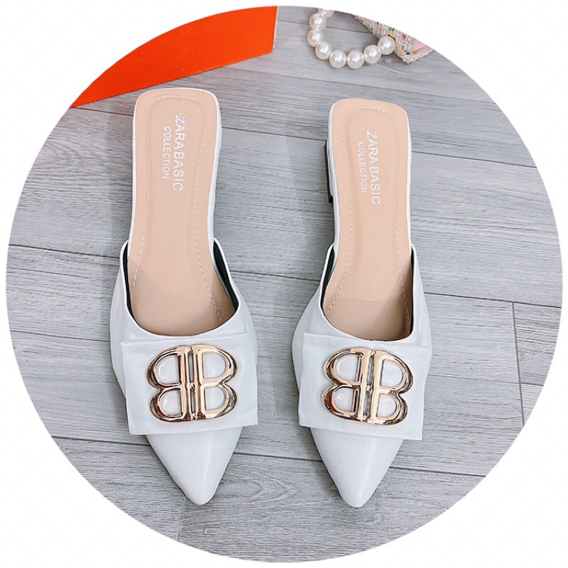 Dép sục cao gót mũi nhọn da lì tag BB gót vuông 4cm