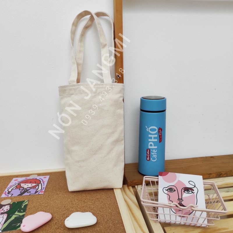 Túi Vải Mộc Trơn Đựng Ly Giữ Nhiệt 1 Lít Vải Canvas
