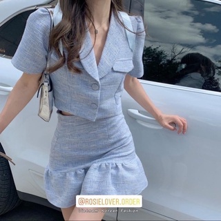 Set bộ tweed áo vest tay ngắn croptop nữ kèm chân váy peplum xoè ngắn trơn - Order taobao quảng châu