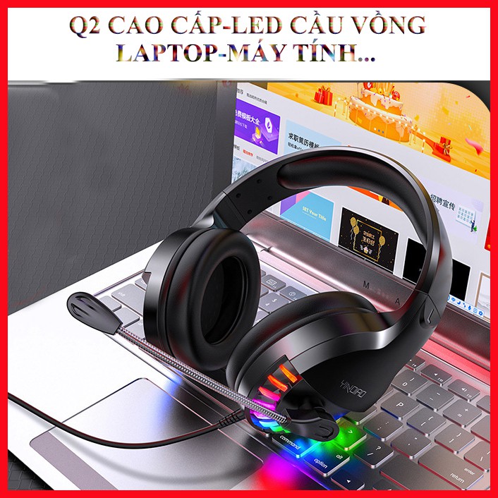 Tai Nghe Chụp Tai Q2 cao cấp, LED cầu vồng tối thượng, tai nghe game có mic, âm thanh chuẩn và thực tế.