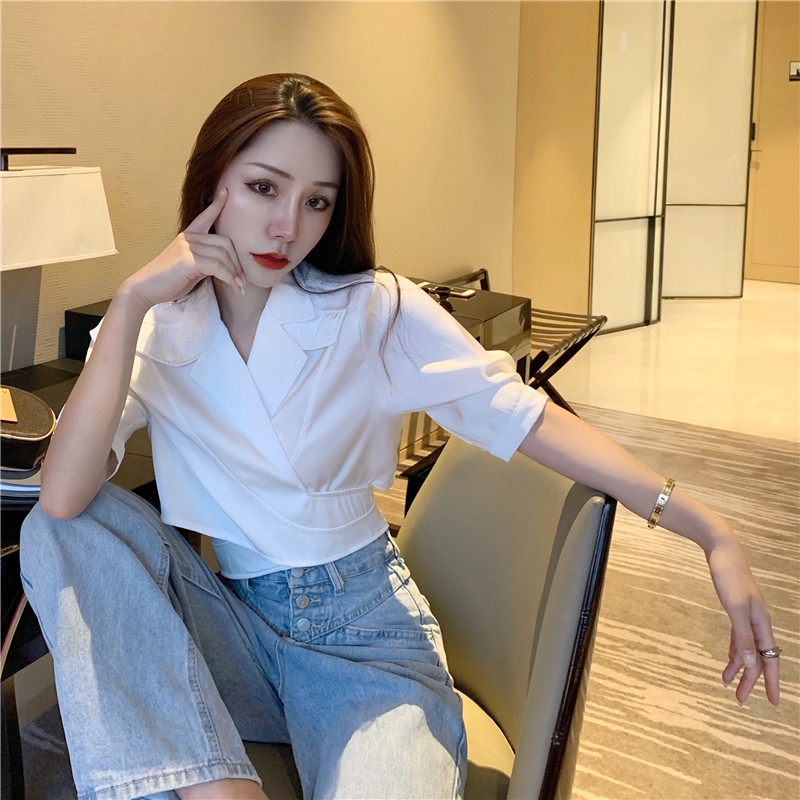 IELGY   Áo Kiểu Tay Ngắn Cổ Chữ V Chéo Dây Lưng Cao Thời Trang Quyến Rũ Cho Nữ