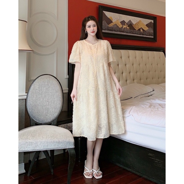 Váy đầm bầu mùa hè Mitamum cộc tay công sở ren pha lông mịn babydoll thiết kế cao cấp