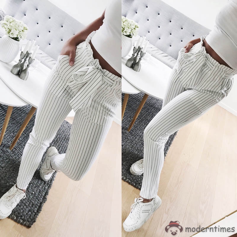 Quần dài kẻ sọc cột nơ xinh xắn cho nữ | BigBuy360 - bigbuy360.vn