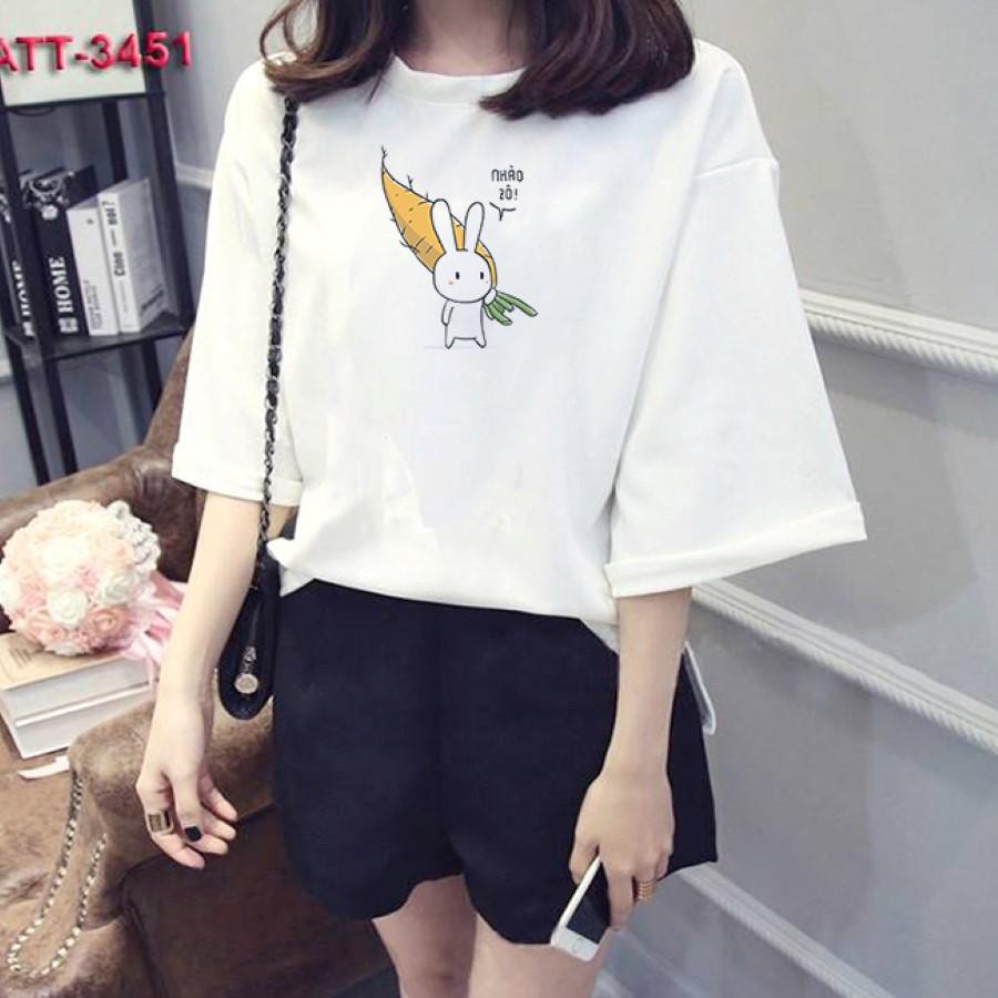 Áo thun nữ tay lỡ Hàn Quốc form rộng in hình thỏ 7 màu ăn cà rốt vài dày mịn TEEWOTL7