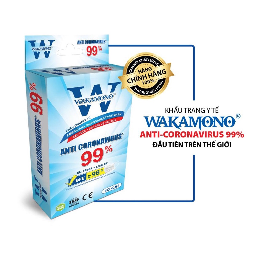 Khẩu trang y tế, 4 lớp Wakamono diệt khuẩn 99% vi rút Corona (hộp 10 cái)