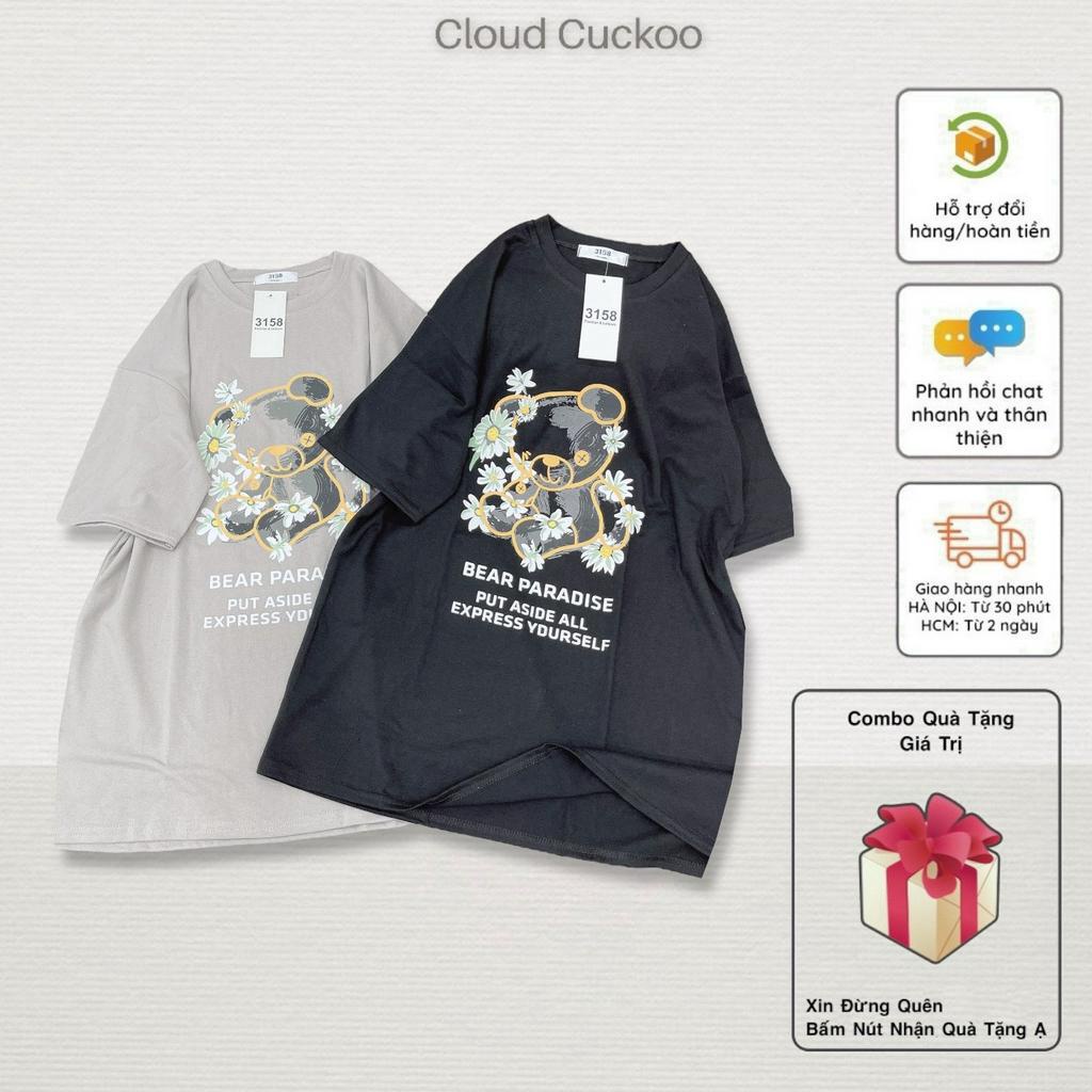 Áo Thun Nữ Dáng Rộng Hình Gấu Hoa Đáng Yêu Chất Cotton Bền Đẹp Thông Thoáng