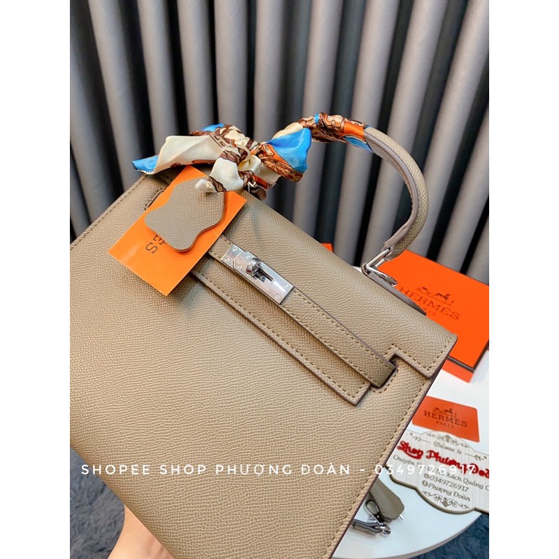 [KL25 FULL BOX]Túi da sần khoá trăng size 25cm tặng kèm khăn lụa
