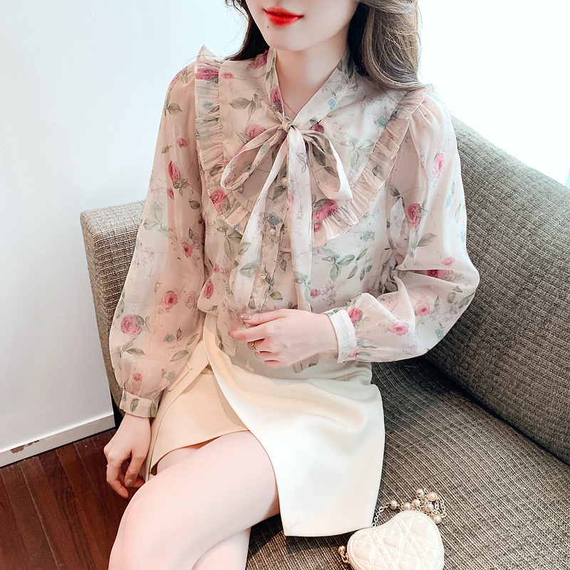 Áo Sơ Mi Chiffon Tay Dài In Hoa Cột Dây Nơ Thời Trang Mùa Thu Cho Nữ
