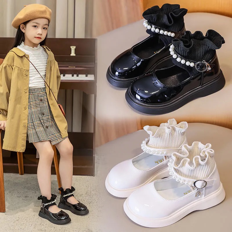 Giày bốt cổ cao vải len phối da mũi tròn thời trang xuân thu Anh Quốc mới đa năng cho bé gái 2021
