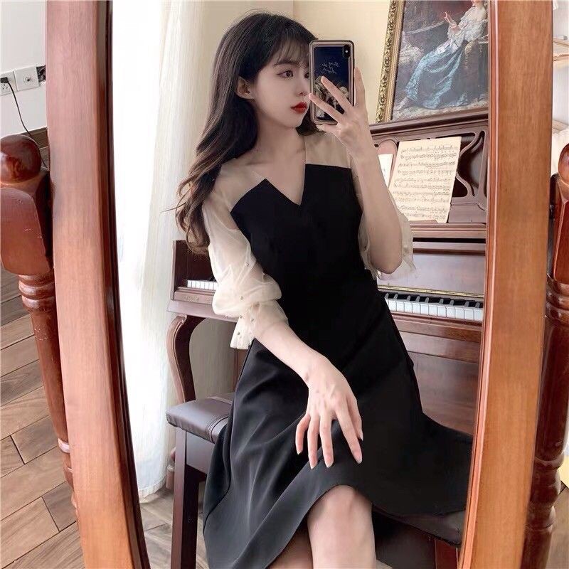 {Order bigsize,M-4xl}Váy tay voan kính chun gấu cổ V - Hàng Quảng Châu