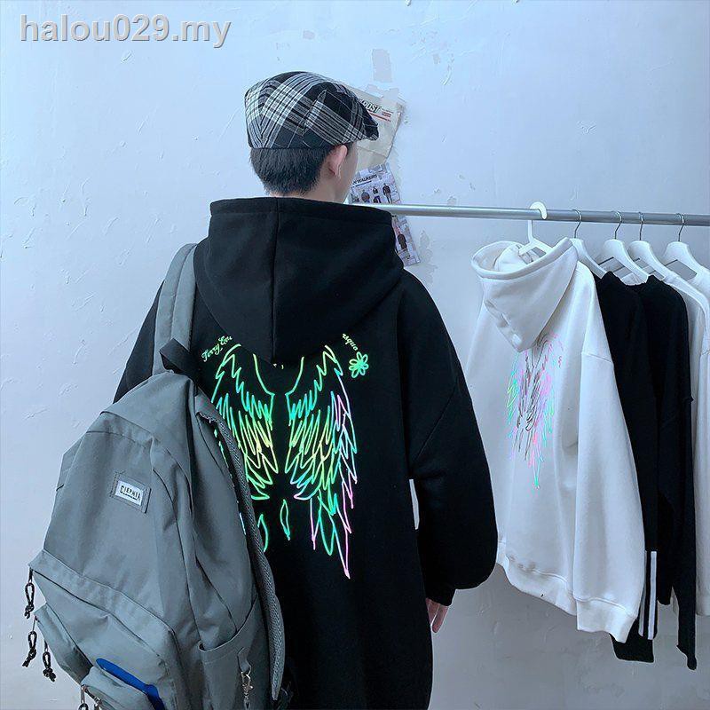 Guochao Áo Hoodie Nhung Dày Dáng Rộng Phản Quang Thời Trang Thu Đông 2020 Cho Nam