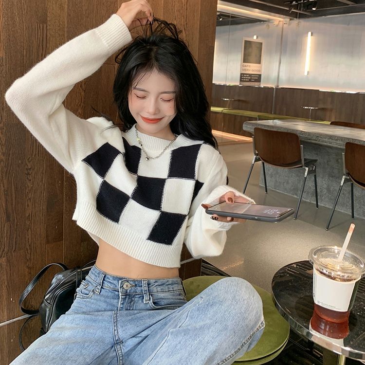 Áo Sweater Dệt Kim Dáng Ngắn Họa Tiết Kẻ Sọc Thời Trang 2022 Mới Cho Nữ