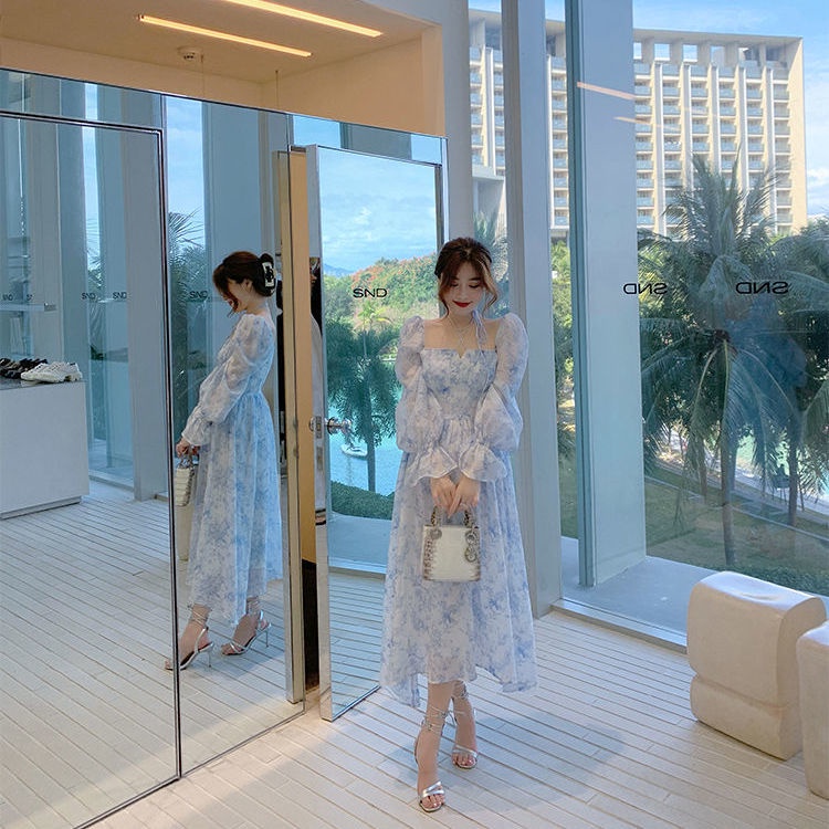 Đầm midi cổ vuông tay dài vải voan in hoa màu xanh dương thời trang mùa hè phong cách pháp cho nữ 2023