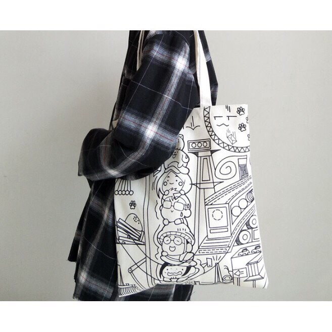 Túi tote vải dệt canvas in hình chibi ngộ nghĩnh đen trắng