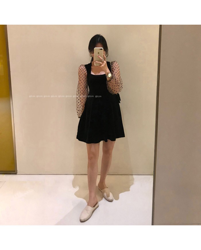 Đầm Nhung Tay Dài Phối Lưới Họa Tiết Chấm Bi Thời Trang Cho Nữ | BigBuy360 - bigbuy360.vn