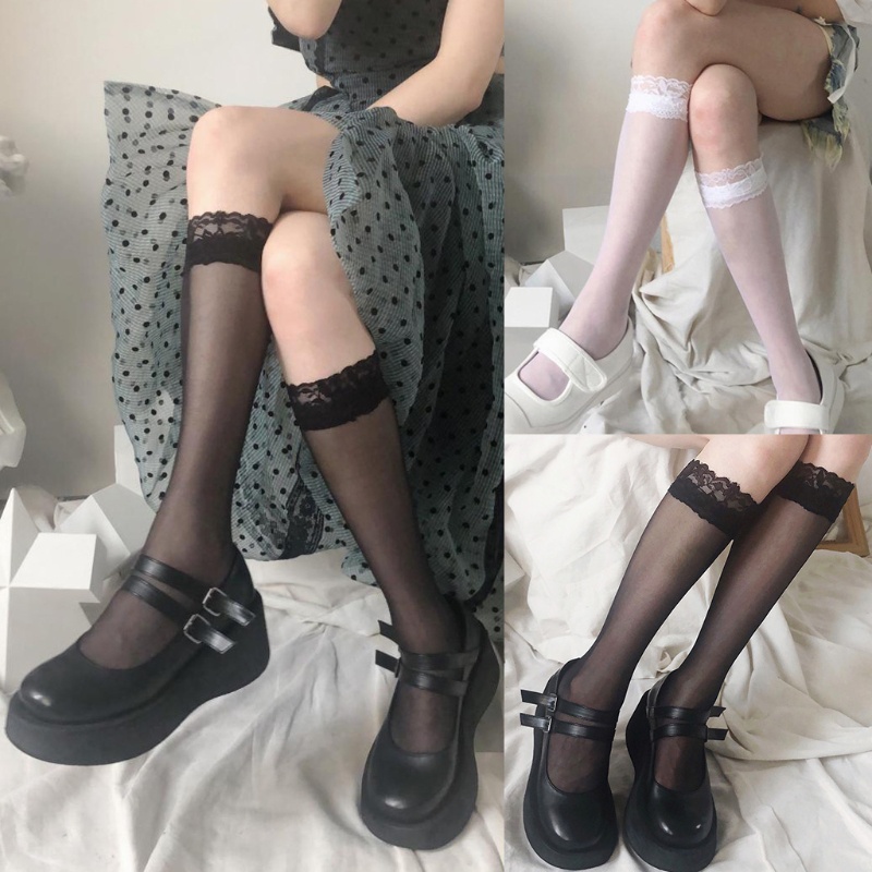 Vớ Lưới Xuyên Thấu Cao Qua Gối Phối Ren Màu Trơn Phong Cách Lolita Nhật Bản Thời Trang Mùa Hè Cho Nữ
