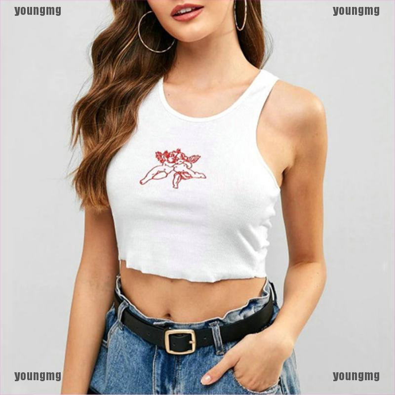 ❀BÁN CHẠY❀Women Camis Cupid Embroidery Streetwear Tank Tops Camisole Crop Tops Slim Tee