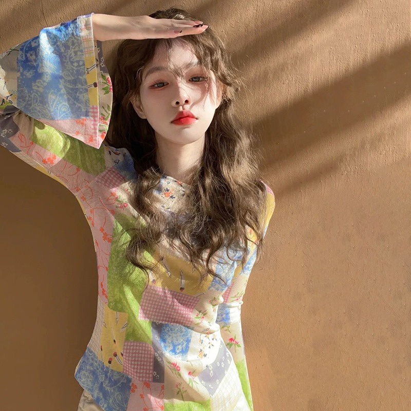 Áo Sơ Mi Tay Dài Ống Loe Họa Tiết Kẻ Sọc Thời Trang Hàn Quốc Xinh Xắn Cho Nữ