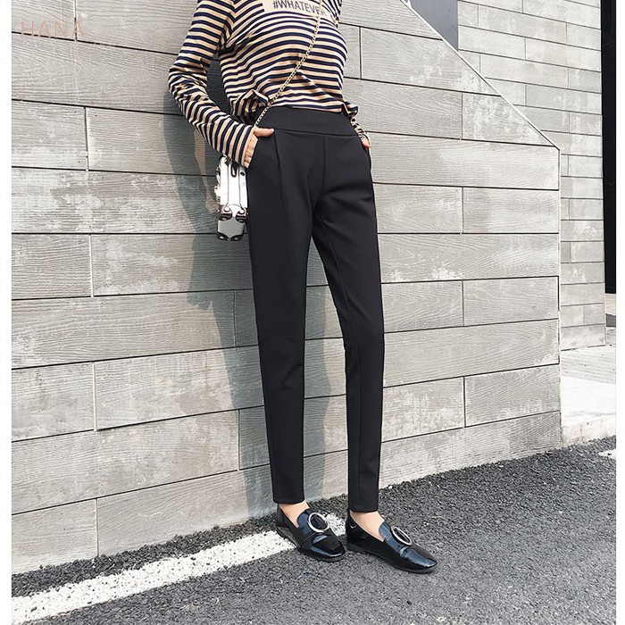 Quần baggy nữ lưng thun vải màu đen - Cạp chun - Khóa sườn hông - Ống đứng - Mặc đi làm công sở đi học đẹp xinh