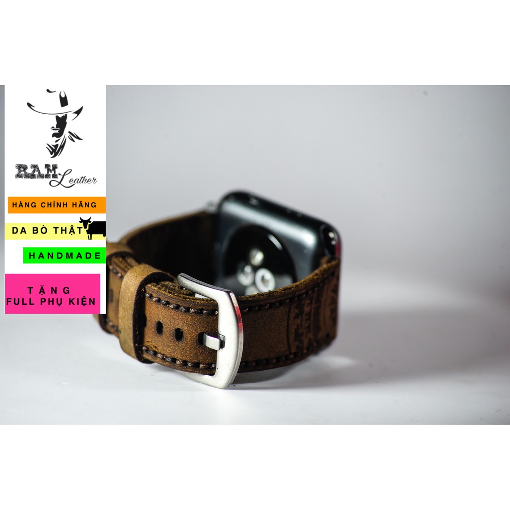 Dây đồng hồ Apple Watch , Iwatch , Iphone Watch Da Bò Nâu Đất Họa Tiết Trống Đồng RAM Leather  Bền Đẹp