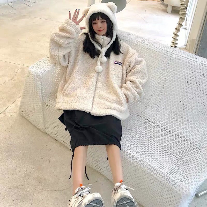 Áo Khoác Lông Cừu Upward JOLIE Nữ [FREESHIP]  Jacket nỉ bông form rộng tay bồng siêu ấm màu TRẮNG | ĐEN Ulzzang......