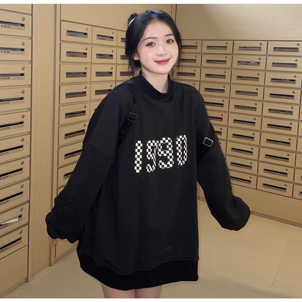 Áo Nỉ Caro 1990 JOLIE Nữ [FREESHIP]  Sweater form rộng tay bồng, hoodie cổ cao 3p in hình cá tính Ulzzang