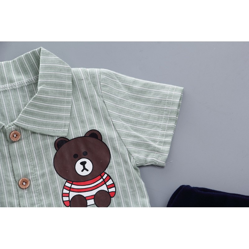 Bộ áo quần ngắn tay mùa hè trang trí hình gấu hoạt hình gồm 2 món dễ thương dành cho bé