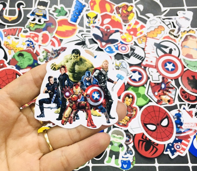 Bộ 30-60 Sticker siêu anh hùng người sắt iderman, siêu nhân ,người nhện ngươif khổng lồ... ép lụa