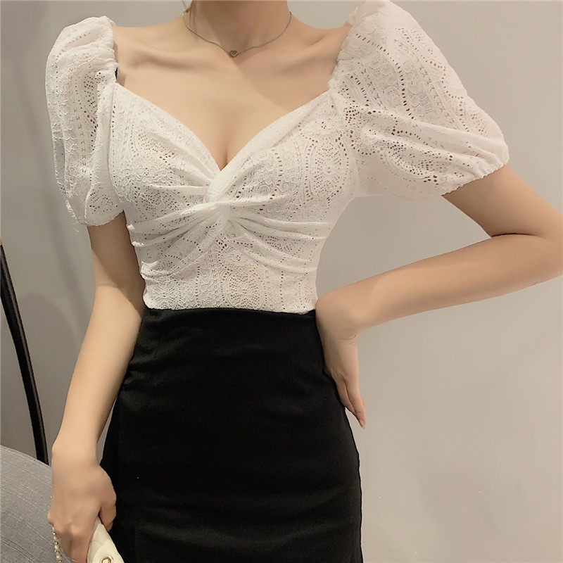 Áo Kiểu Tay Ngắn Cổ Chữ V Phối Ren Phong Cách Quyến Rũ