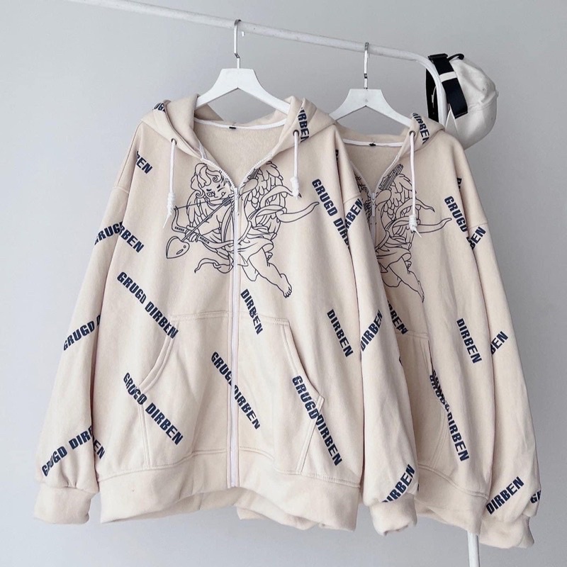 [sẵn] Áo Khoác Nỉ Mũ Zip Kéo Khoá Thiên Thần DIRBEN Tay Phồng From Rộng Unisex Ảnh Thật