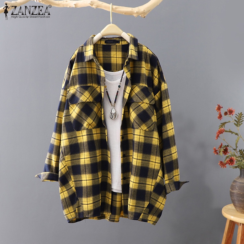 Áo sơ mi ZANZEA cổ bẻ dài tay in caro phối hàng nút và túi phía trước cho nữ