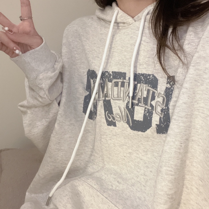 ZHELIHANGFEI Áo Hoodie Tay Dài Dáng Rộng Thêu Chữ Phong Cách Preppy