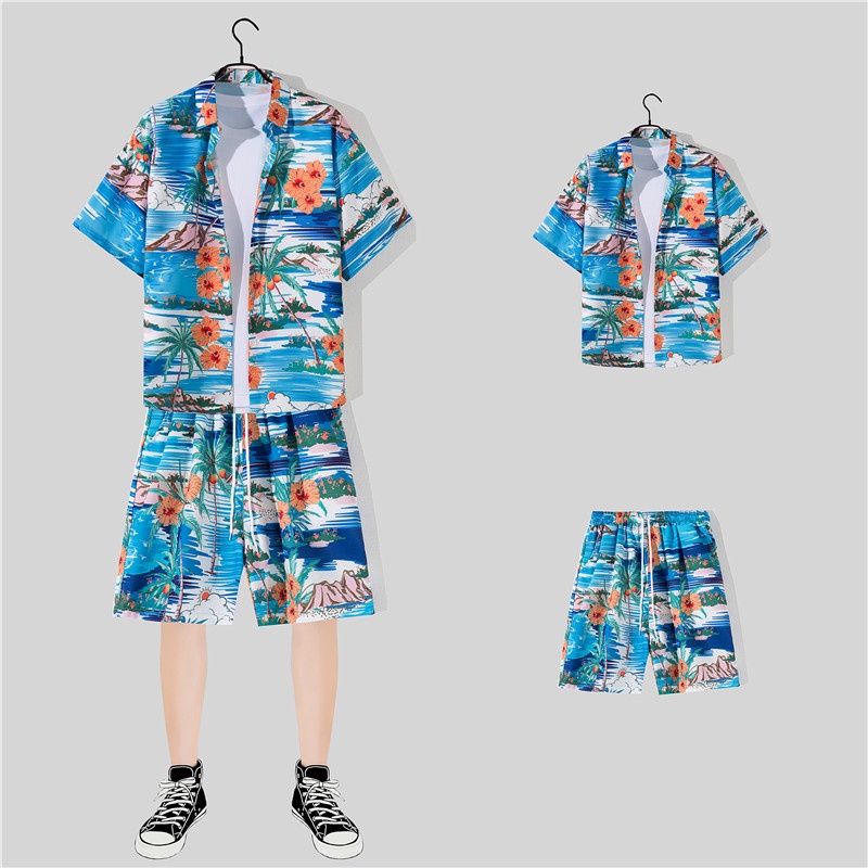 Trên + Quần. Set Áo Sơ Mi Ngắn Tay Họa Tiết Cây Dừa Và Quần short 3D Phong Cách Hàn Quốc Dành Cho Nam