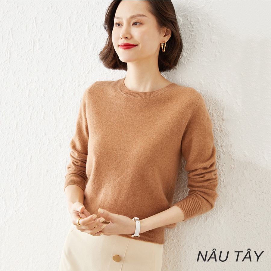 Áo len nữ dài tay cổ tròn trơn màu, Áo len basic trơn kiểu dáng Hàn Quốc chất lông cừu siêu mềm mịn