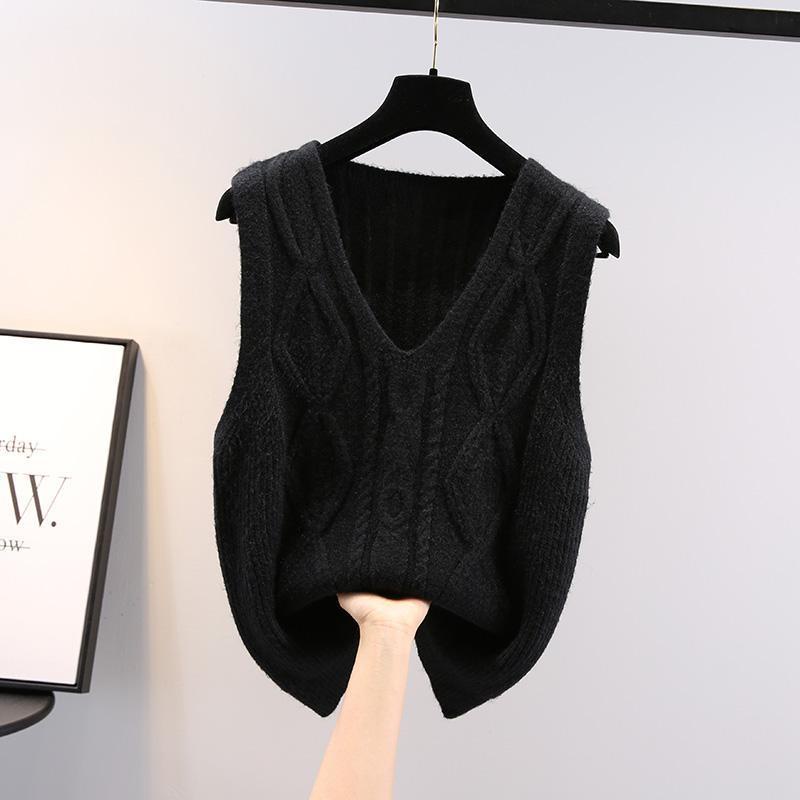 Áo Sweater Dệt Kim Sát Nách Dáng Rộng Cổ Chữ v Màu Trơn Kiểu Hàn Quốc