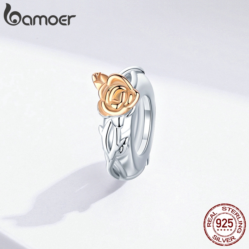 Hạt charm BAMOER BSC147 bằng bạc 925 hình bông hoa màu vàng hồng trang trí đồ trang sức