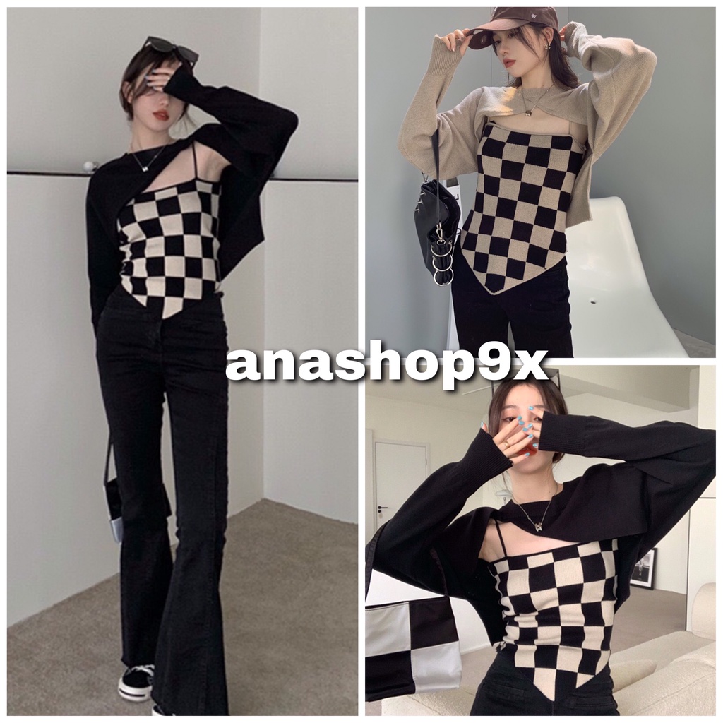 [Mã FAMARAL2 giảm 10K đơn 50K] Set 2 món caro vạt chéo ôm sexy [FREESHIP] Áo 2 dây mix áo tay dài siêu xinh anashop9x | BigBuy360 - bigbuy360.vn