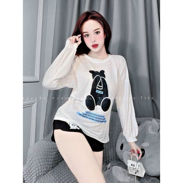 Sét bộ áo thun  tay dài in gấu &amp; quần đùi mẫu siêu dễ thương (GĐX3)